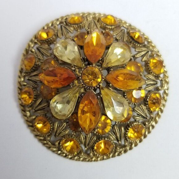 Vintage Large Orange and Yellow Rhinestone Brooch / Pendant, 60s Retro Style - Picture 6 of 6